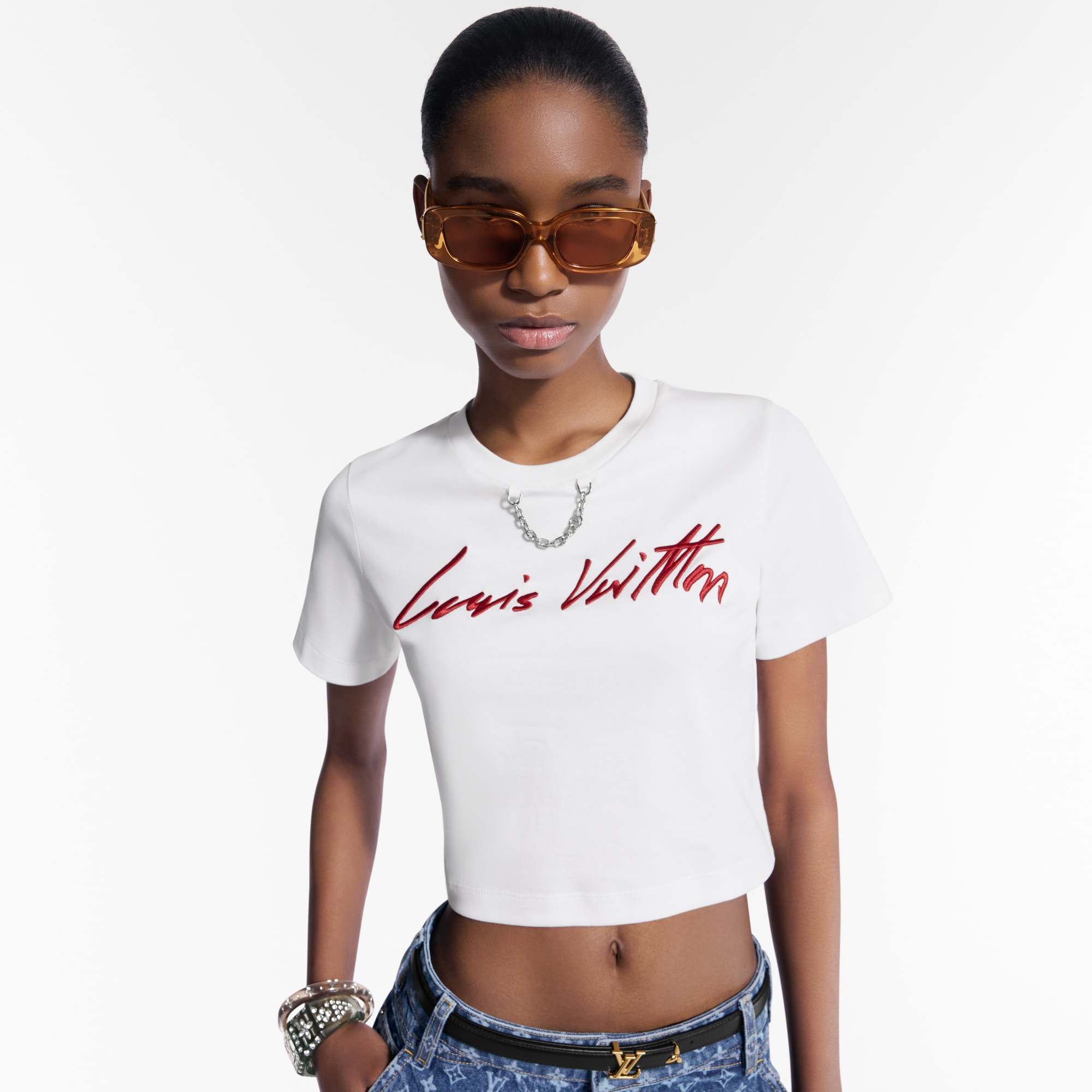 Women - Cursive Signature Crop Top  Women Ready-to-Wear Tops | LOUIS VUITTON (Product zoom)