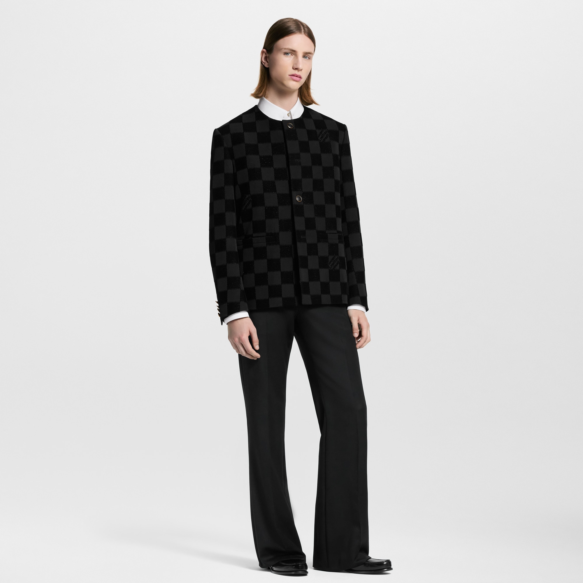 Men - Damier Flock Collarless Jacket  Men Ready-to-Wear Blazers and Jackets | LOUIS VUITTON (Product zoom)