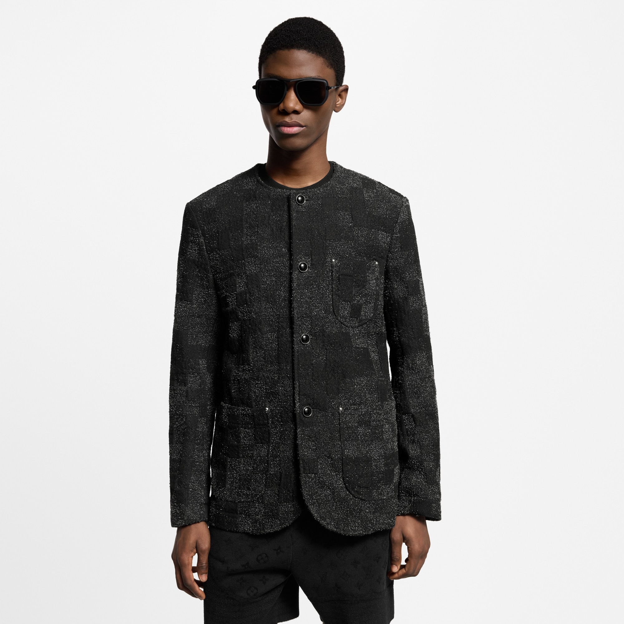 Men - Denim Bouclette Collarless Jacket  Men Ready-to-Wear Blazers and Jackets | LOUIS VUITTON (Product zoom)