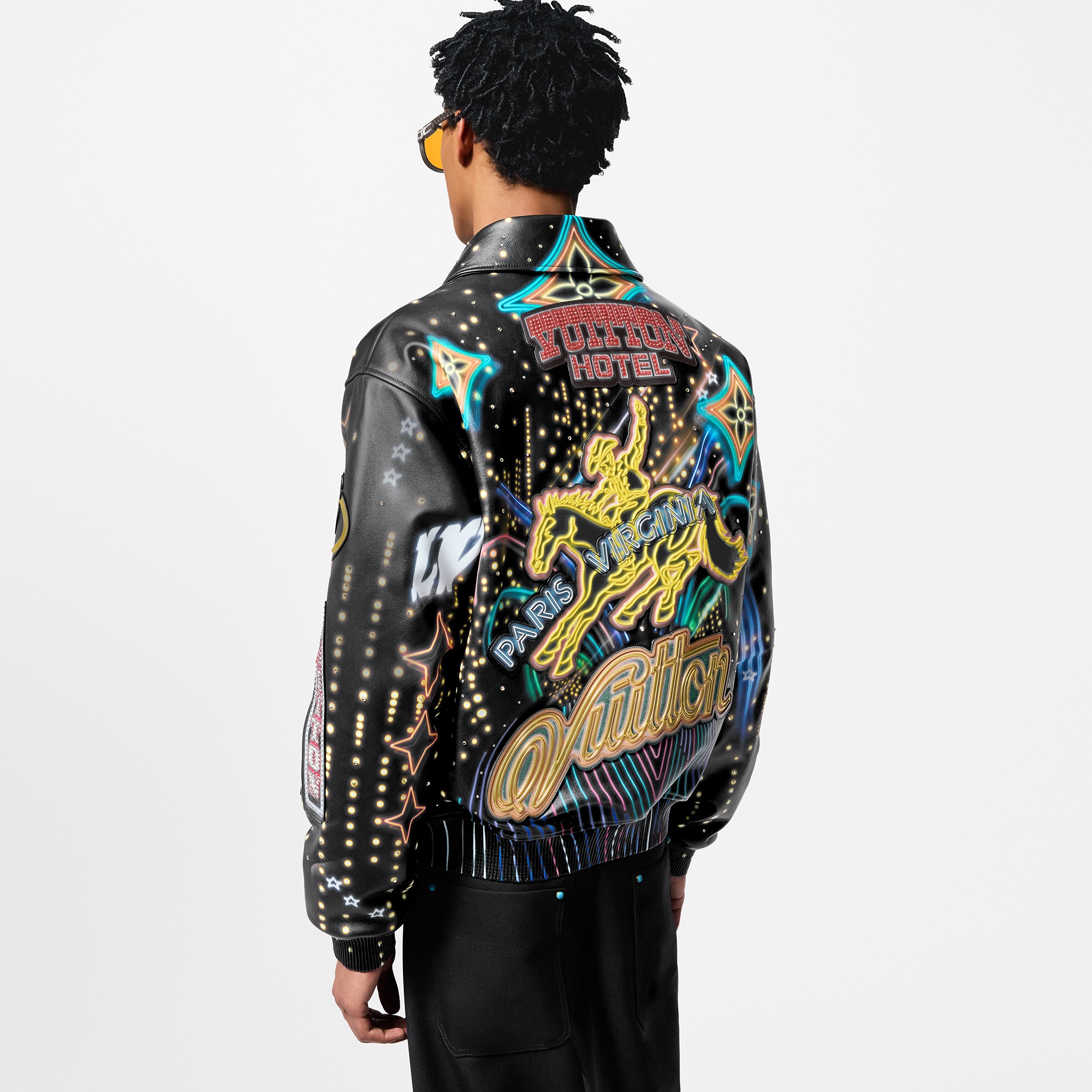 Embroidered Leather Bomber Jacket Lv Black Leather Jacket Louis