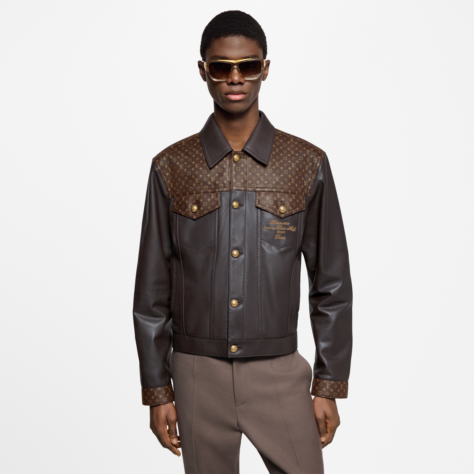 Men - Embellished Leather Trucker Jacket  Men Ready-to-Wear Outerwear and Coats | LOUIS VUITTON (Product zoom)