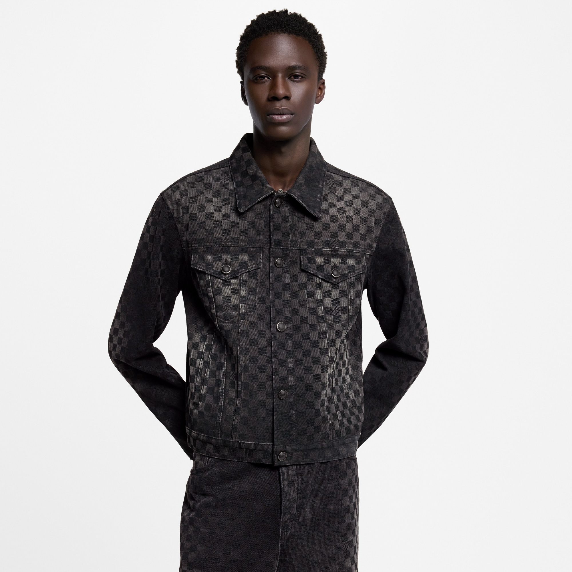 Men - Flocked Damier Denim Trucker Jacket  Men Ready-to-Wear Outerwear and Coats | LOUIS VUITTON (Product zoom)