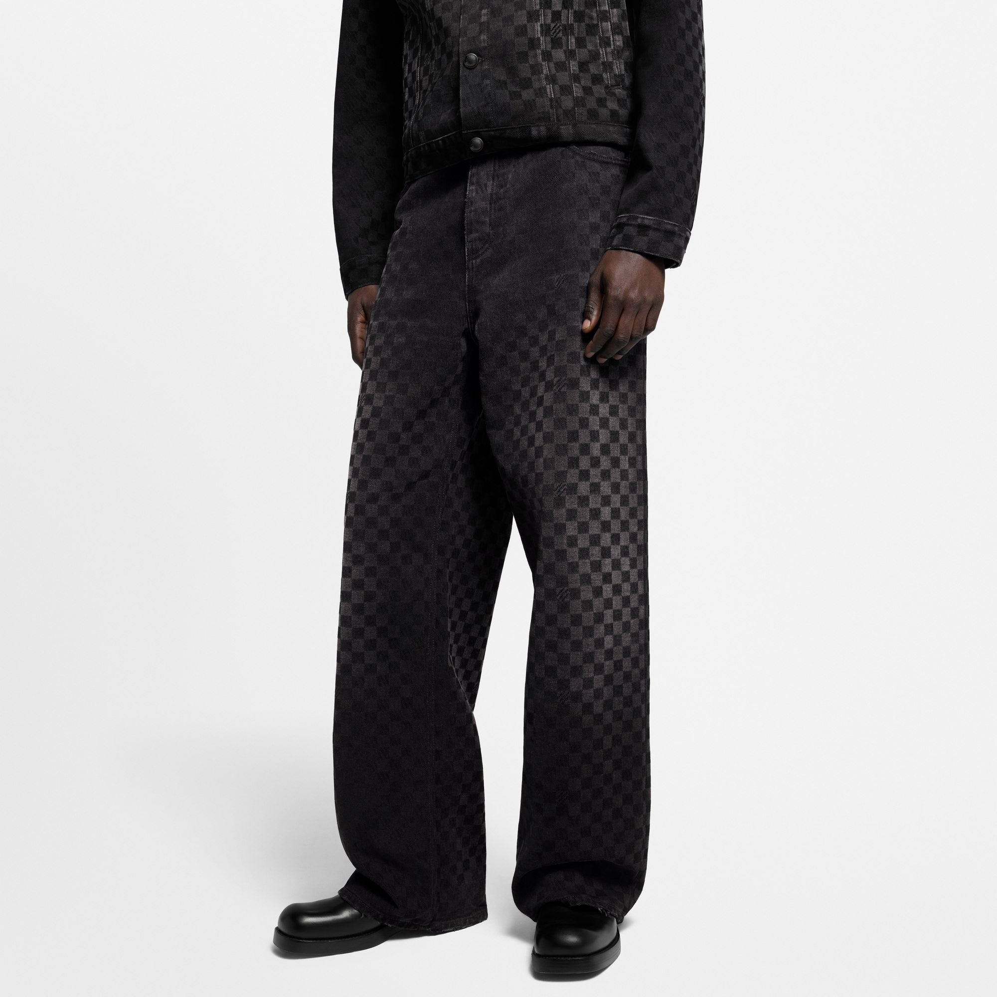 Men - Flocked Damier Denim Wide-Leg Trousers  Men Ready-to-Wear Denim Collection | LOUIS VUITTON (Product zoom)