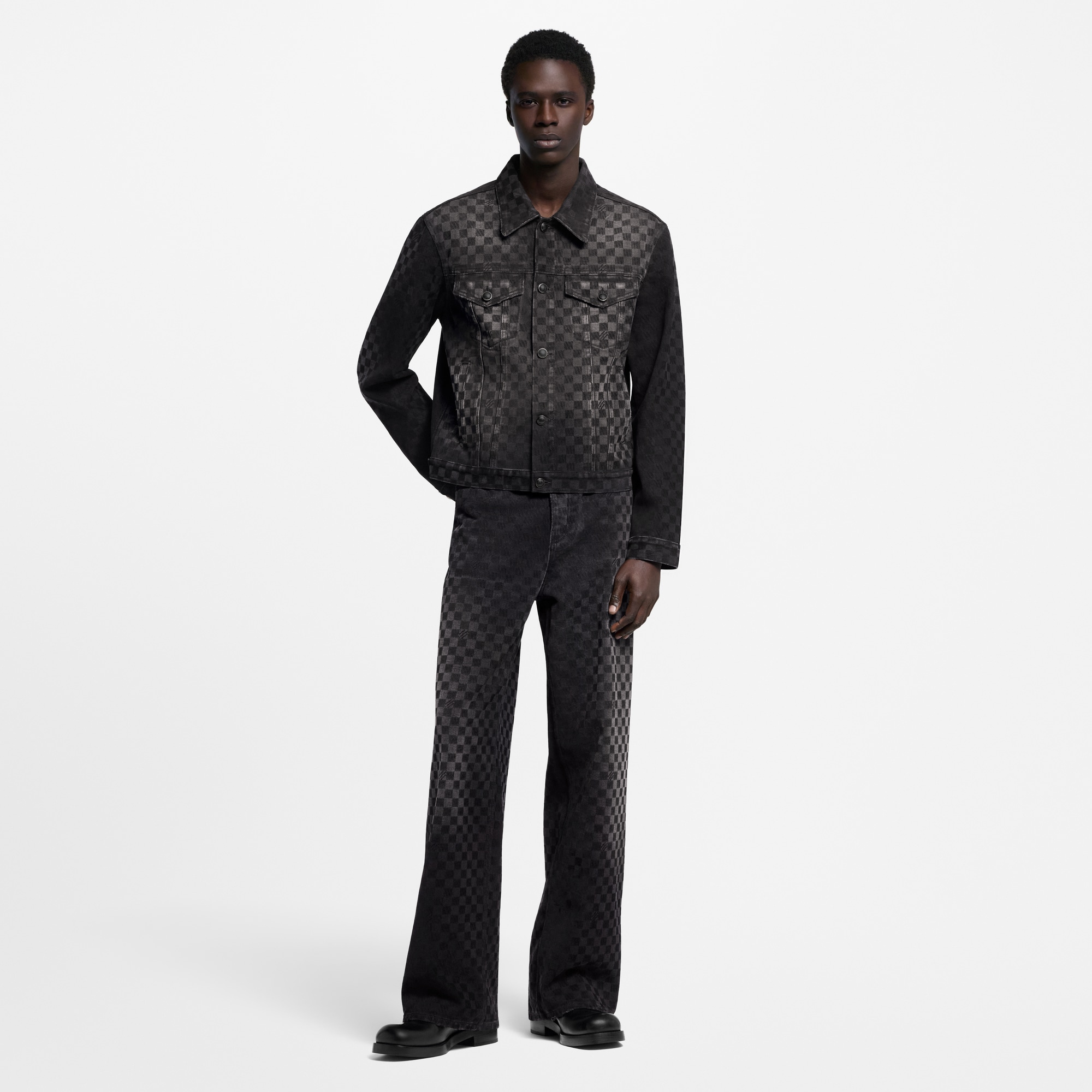Men - Flocked Damier Denim Wide-Leg Trousers  Men Ready-to-Wear Denim Collection | LOUIS VUITTON (Product zoom)