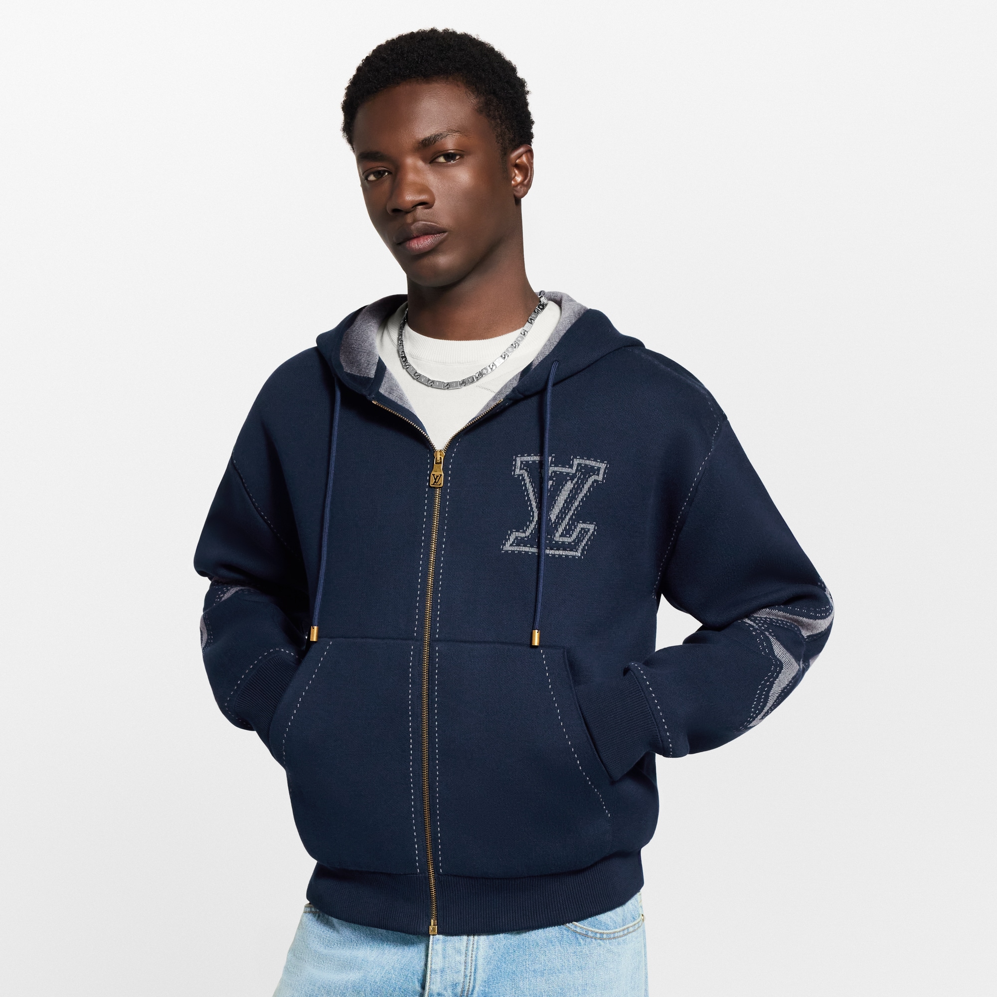 Graphic Intarsia Zipped Cotton Hoodie - Luxury Blue | LOUIS VUITTON