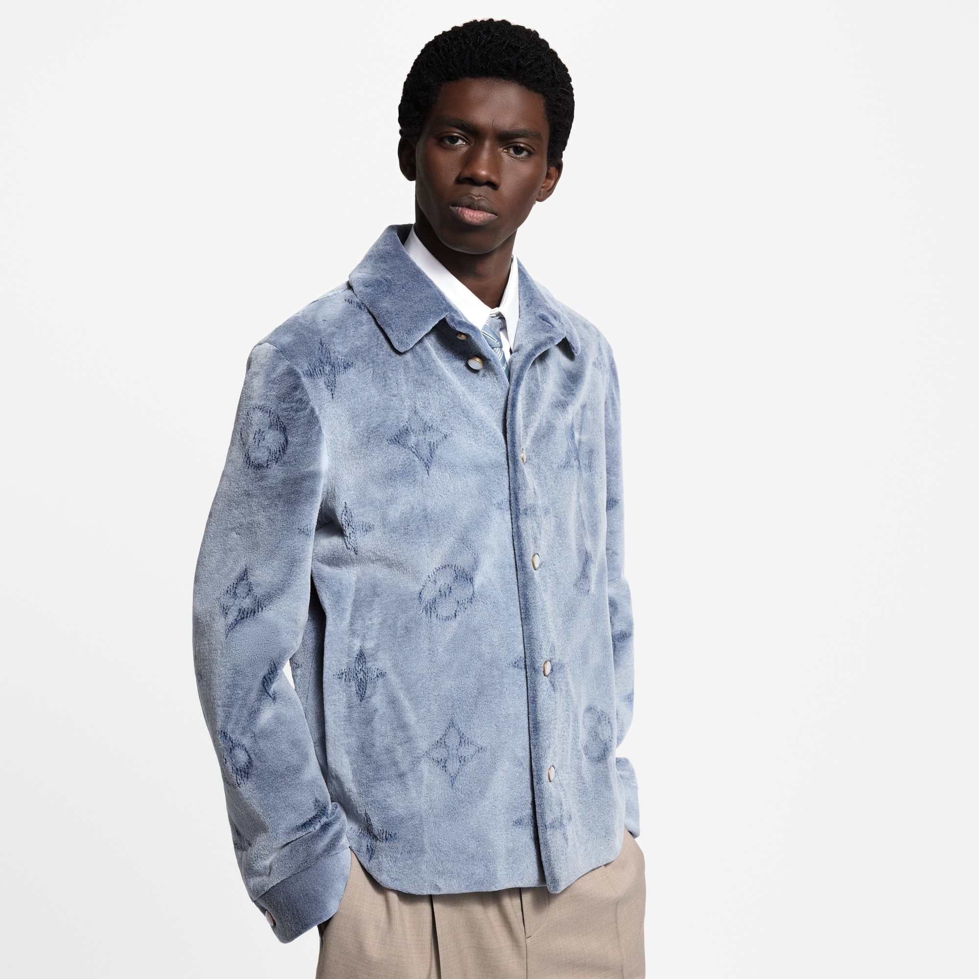 Men - Mink Perforated Monogram Overshirt  Men Ready-to-Wear Outerwear and Coats | LOUIS VUITTON (Product zoom)