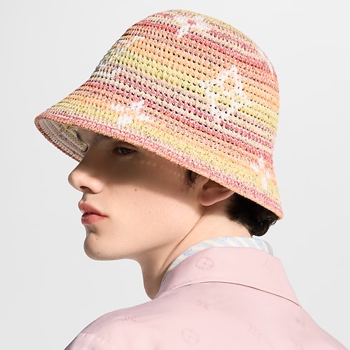 Monogram Stripes Crochet Bucket Hat cropped worn view
