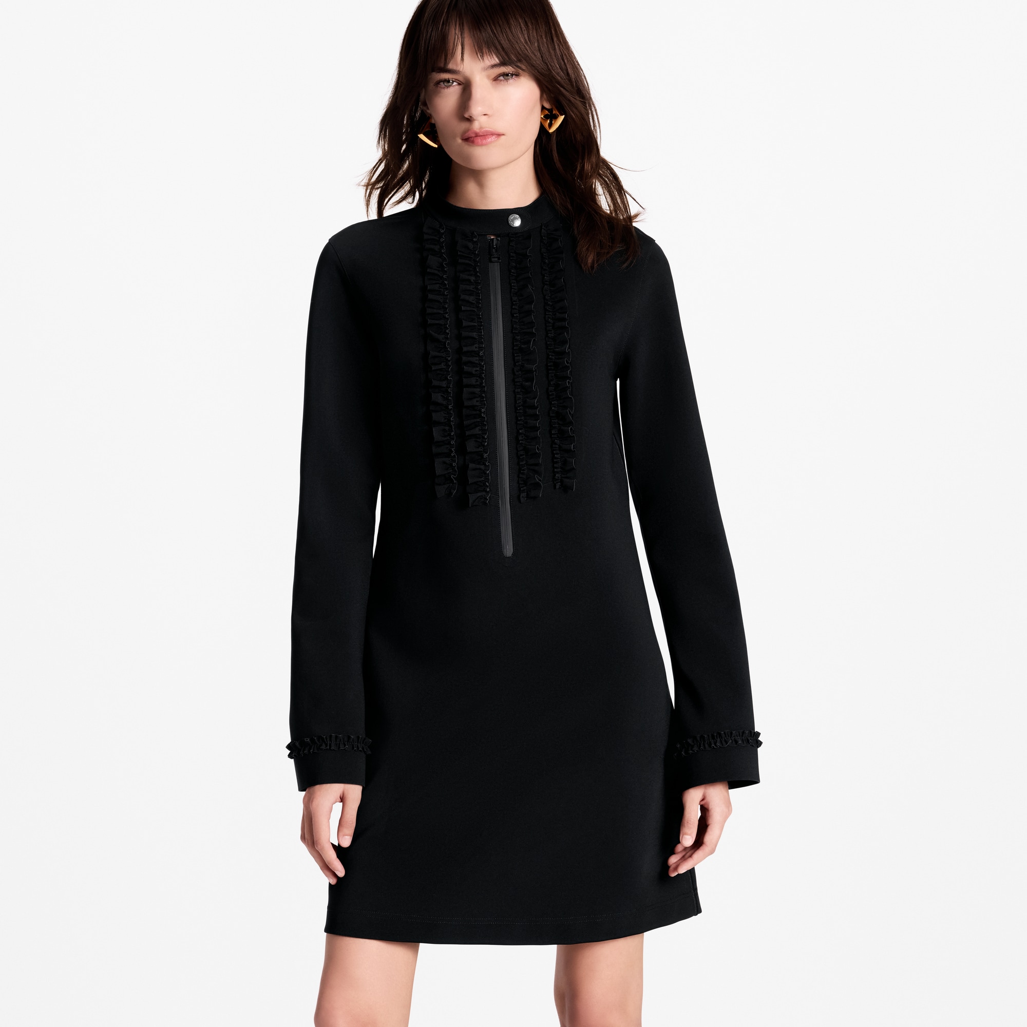 Women - Ruffle Trim Long-Sleeved Technical Jersey Dress  Women Ready-to-Wear Dresses | LOUIS VUITTON (Product zoom)