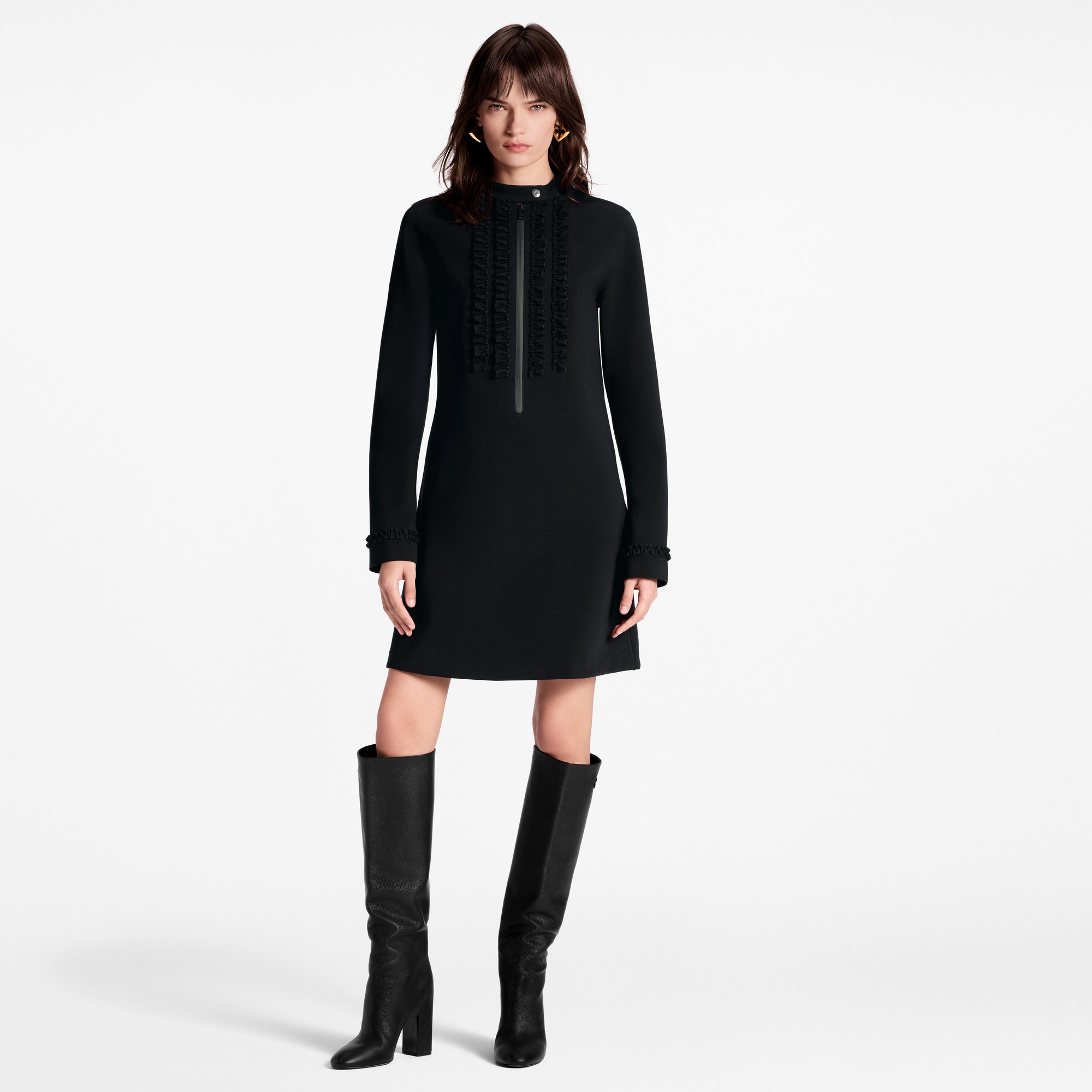 Women - Ruffle Trim Long-Sleeved Technical Jersey Dress  Women Ready-to-Wear Dresses | LOUIS VUITTON (Product zoom)