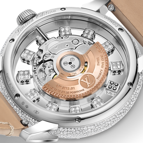 Tambour Spin Time Air, Automatic, 42.5 MM, White Gold, Hawk's Eye and Diamonds back view