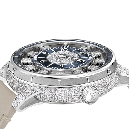 Tambour Spin Time Air, Automatic, 42.5 MM, White Gold, Hawk's Eye and Diamonds closeup view