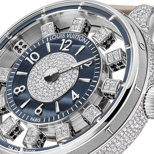 Tambour Spin Time Air, Automatic, 42.5 MM, White Gold, Hawk's Eye and Diamonds side view