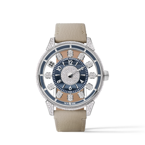 Tambour Spin Time Air, Automatic, 42.5 MM, White Gold, Hawk's Eye and Diamonds front view