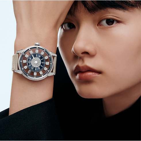 Watches - Tambour Taiko Spin Time Air, Automatic, 42.5 MM, White Gold, Hawk's Eye and Diamonds Watches Watches } | LOUIS VUITTON (Product zoom)