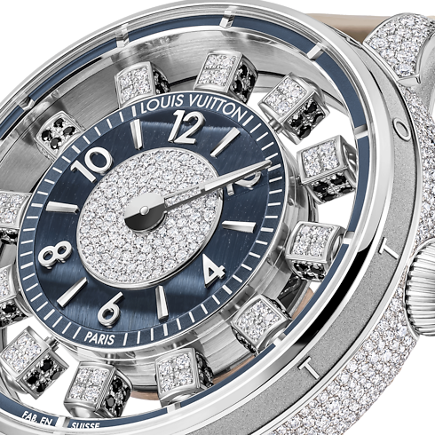 Watches - Tambour Taiko Spin Time Air, Automatic, 42.5 MM, White Gold, Hawk's Eye and Diamonds Watches Watches } | LOUIS VUITTON (Product zoom)