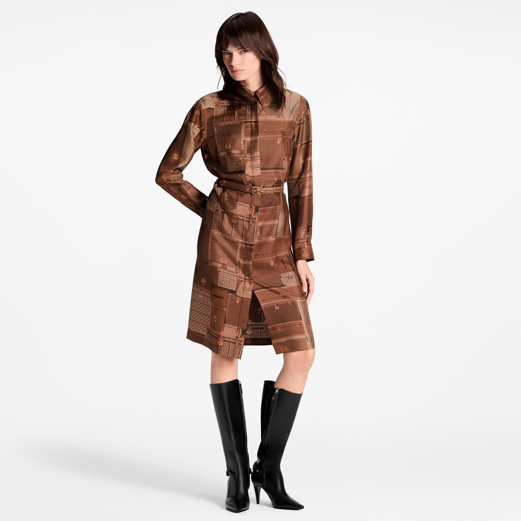 Trunk Print Shirt Dress - Luxury Brown