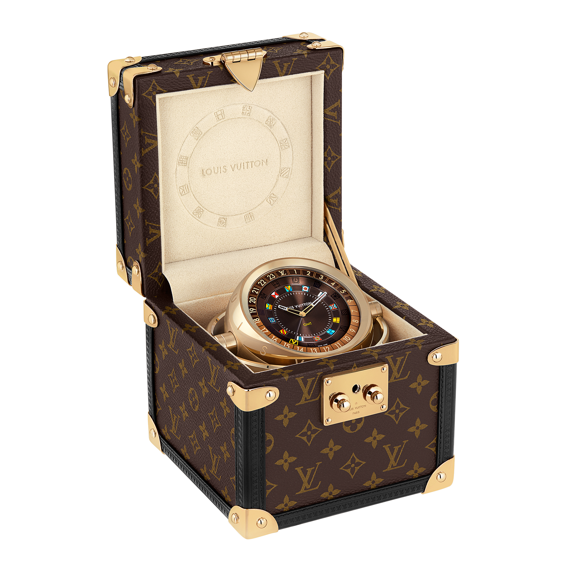 Watches - Trunk Table Clock, Quartz, 80mm, brass, Monogram  Watches Watches } | LOUIS VUITTON (Product zoom)