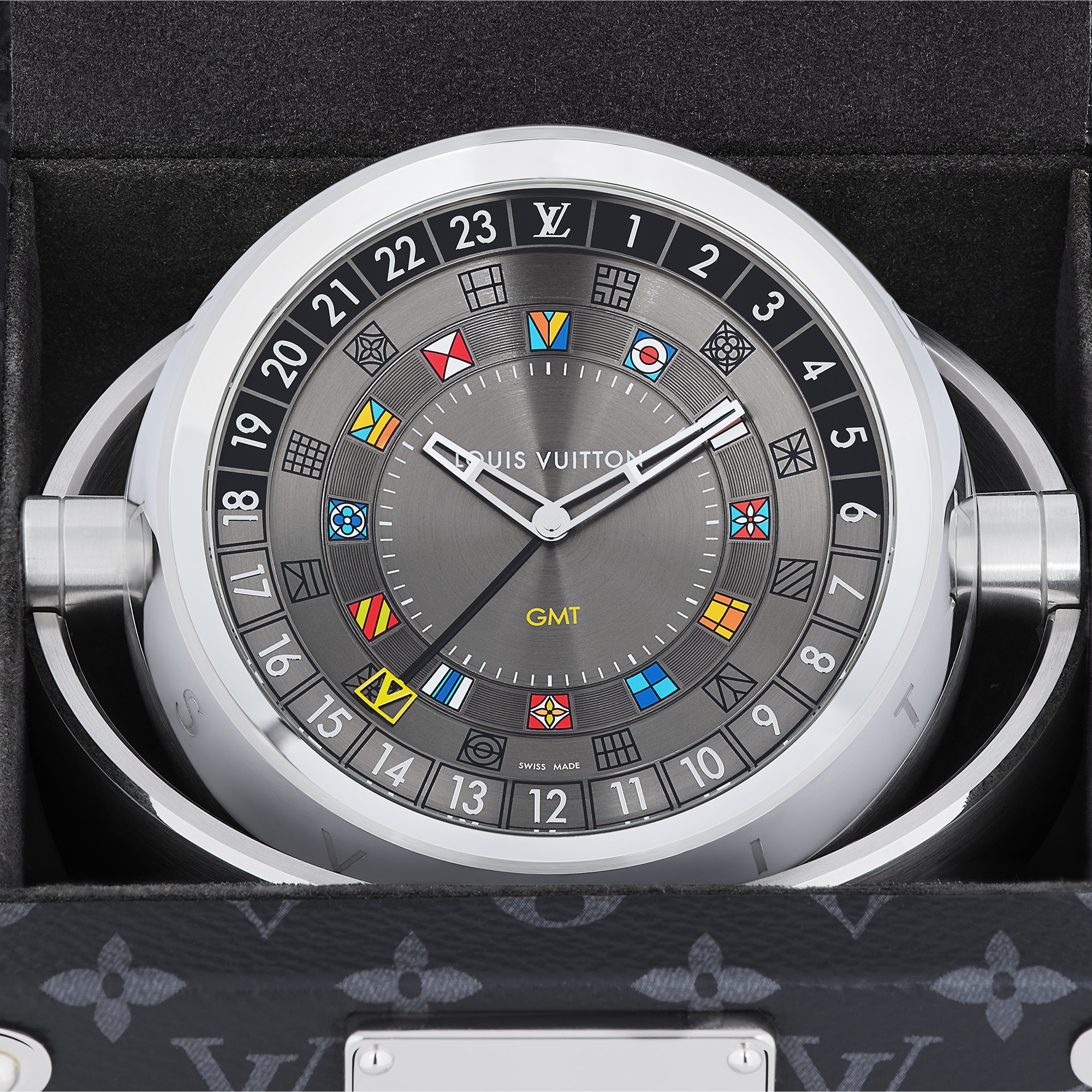 Watches - Trunk Table Clock, Quartz, 80mm, brass, Monogram Eclipse  Watches Watches } | LOUIS VUITTON (Product zoom)