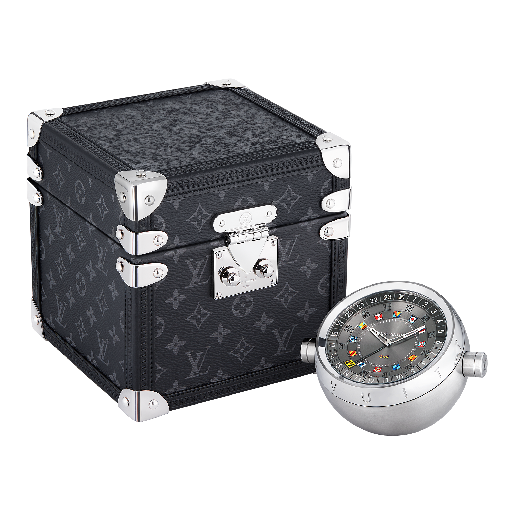 Watches - Trunk Table Clock, Quartz, 80mm, brass, Monogram Eclipse  Watches Watches } | LOUIS VUITTON (Product zoom)