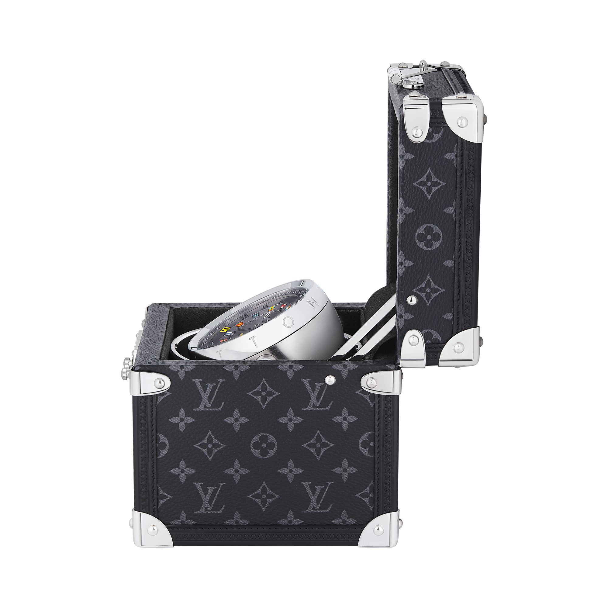 Watches - Trunk Table Clock, Quartz, 80mm, brass, Monogram Eclipse  Watches Watches } | LOUIS VUITTON (Product zoom)