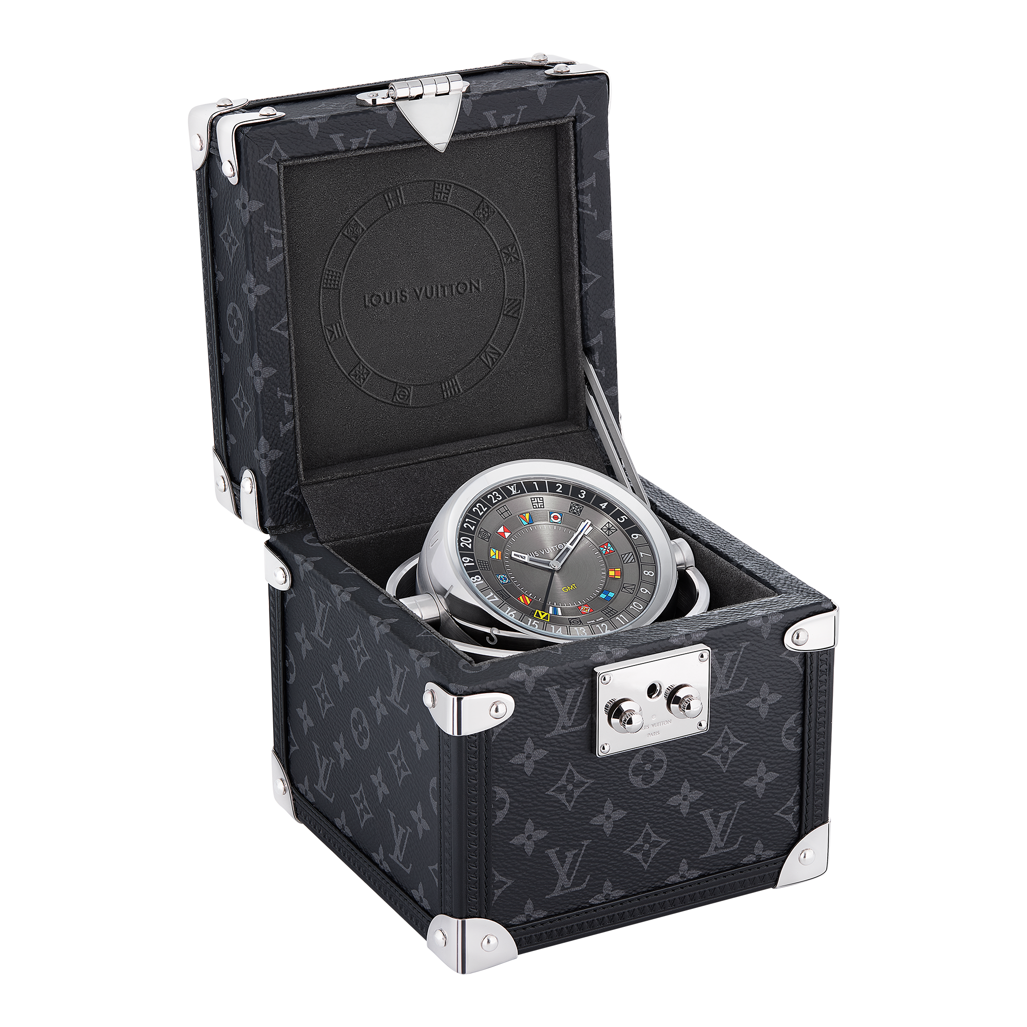 Watches - Trunk Table Clock, Quartz, 80mm, brass, Monogram Eclipse  Watches Watches } | LOUIS VUITTON (Product zoom)