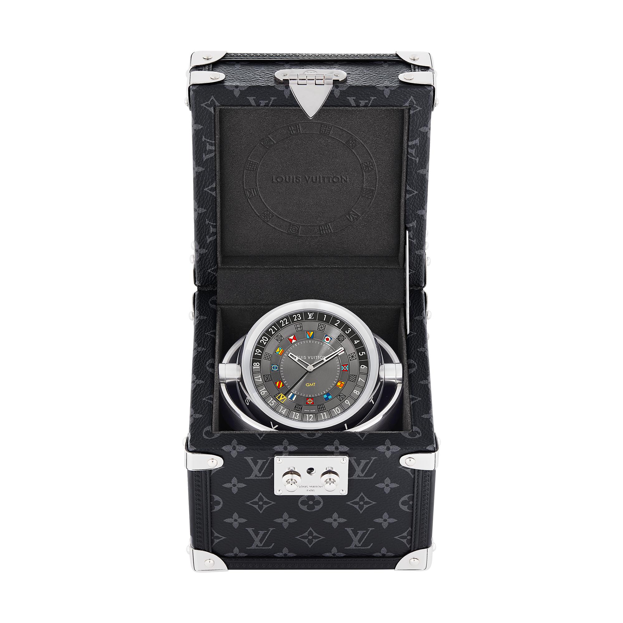 Watches - Trunk Table Clock, Quartz, 80mm, brass, Monogram Eclipse  Watches Watches } | LOUIS VUITTON (Product zoom)